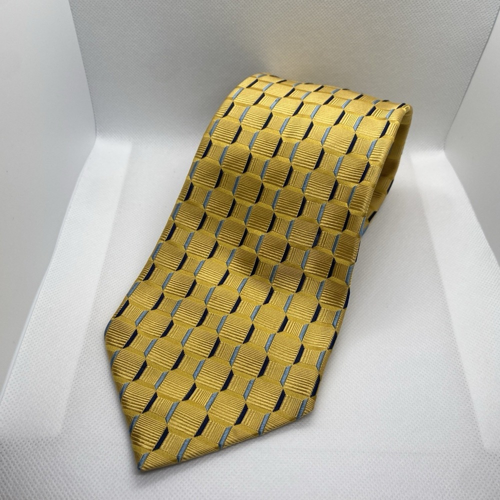 Trussini‎ Cravatte Men's Tie Yellow Blue Square 100% Silk Necktie Office Career